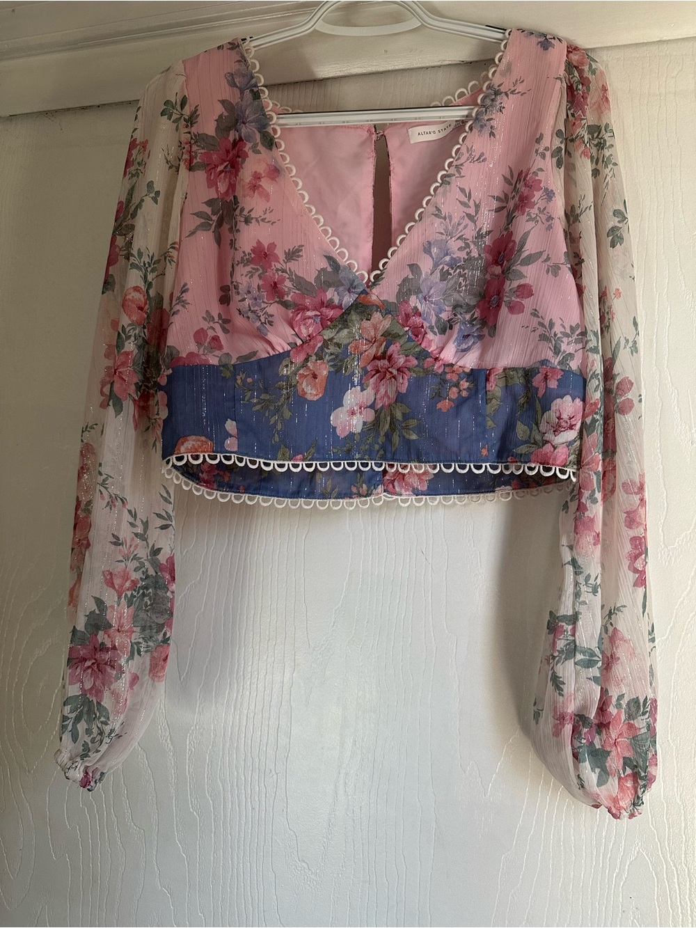 Altar'd State Pink & Blue Floral Mesh Cropped Blouse with silver shimmer accent